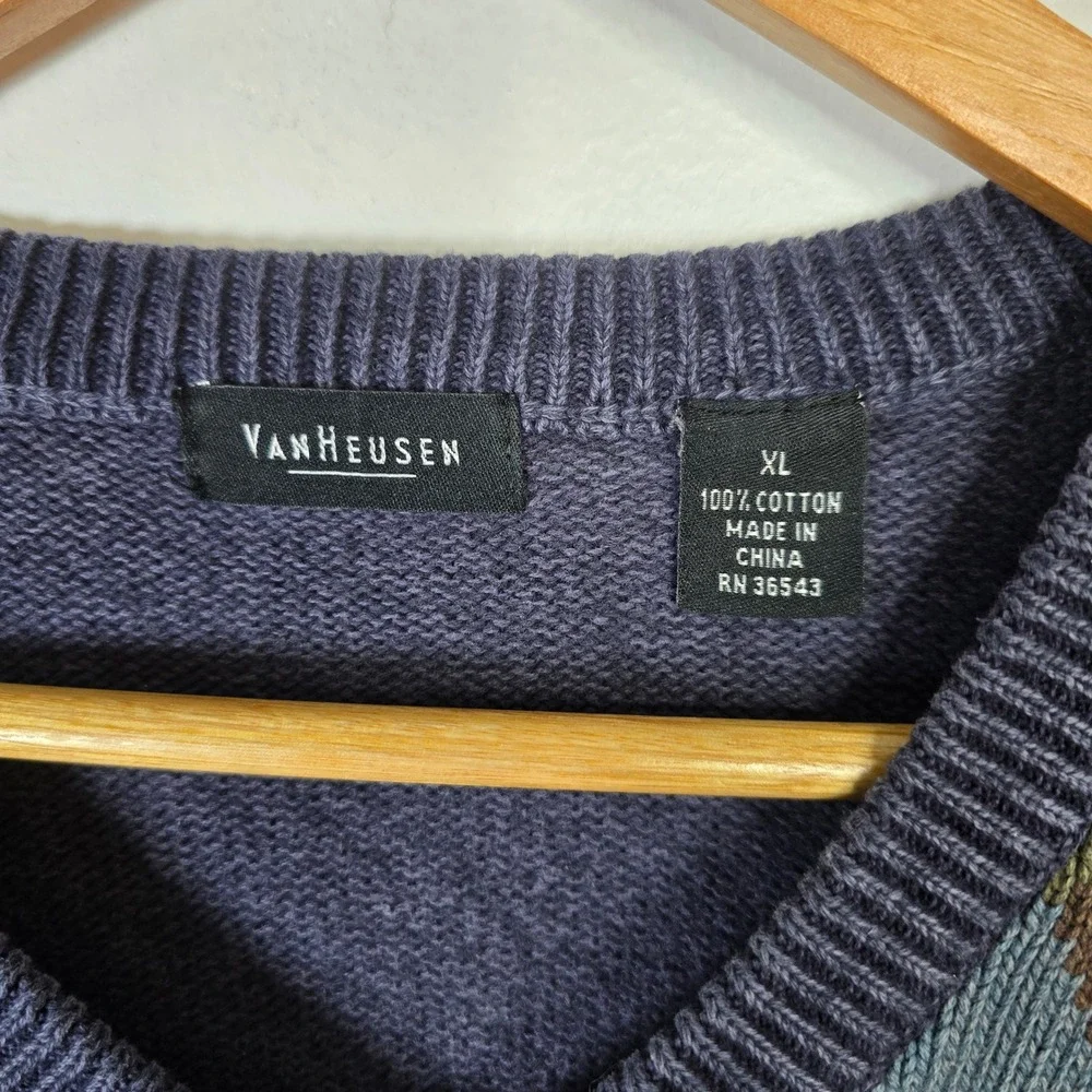 Van Heusen Mens XL Argyle V Neck Sweater 100% Cotton Navy Blue Green‎ Brown